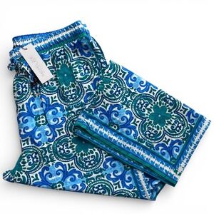 Rachel Zoe Women L Blue Green Tile Print Linen Blend Wide Leg Pants NWT Nautical